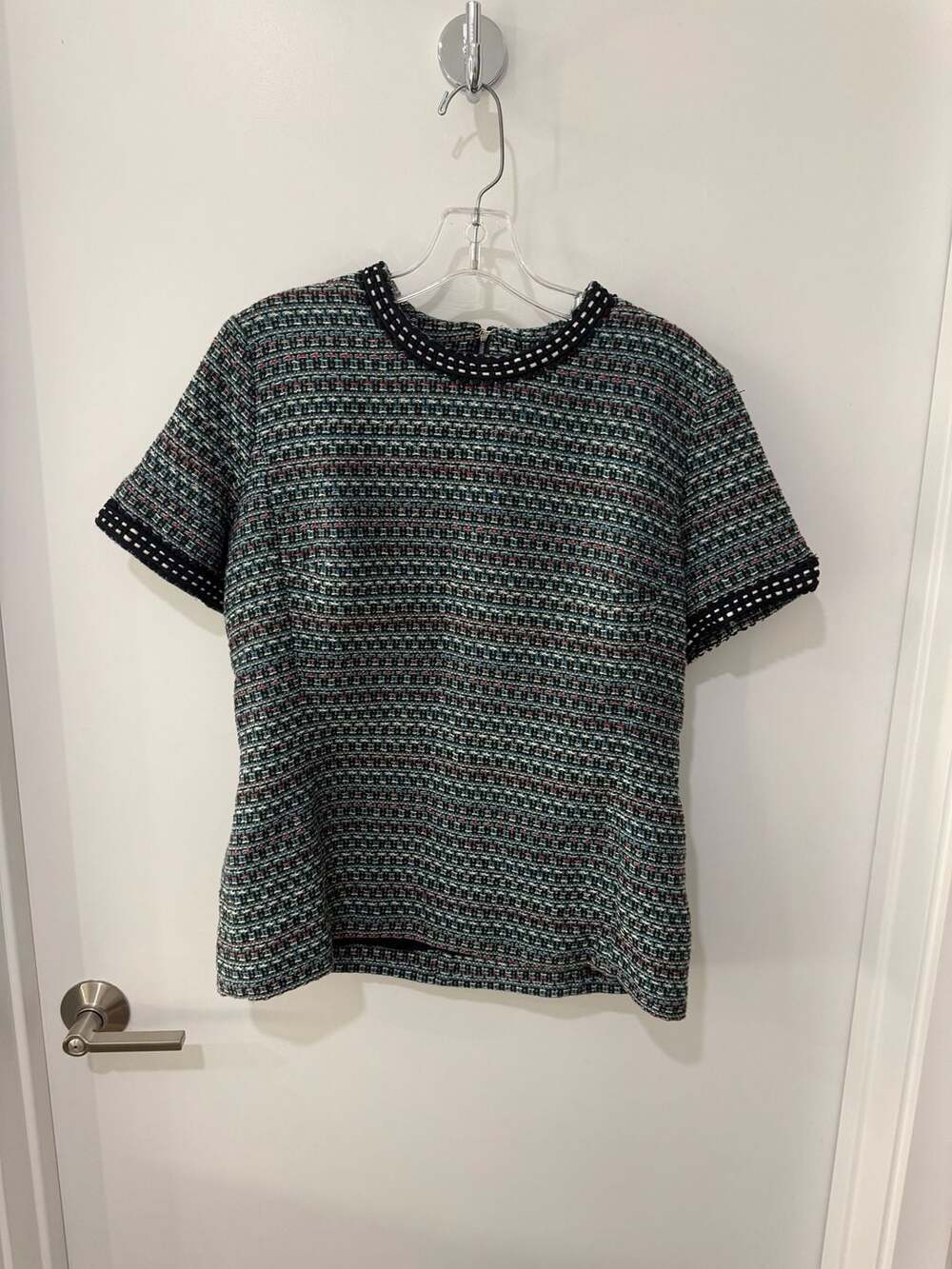 Thom Browne Women's Multicolor Tweed Short Sleeve Top with Signature Tricolor Ta